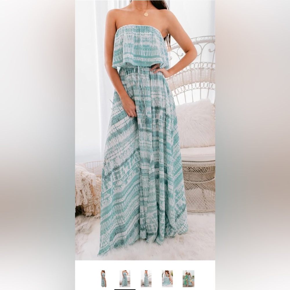 Teal and White Tie-Dye Maxi Strapless Dress - Size 2XL